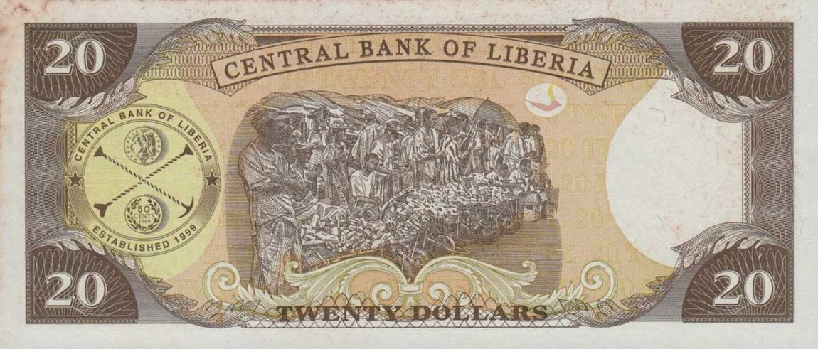 Back of Liberia p28d: 20 Dollars from 2008