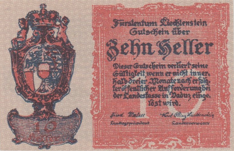 Front of Liechtenstein p1: 10 Heller from 1920