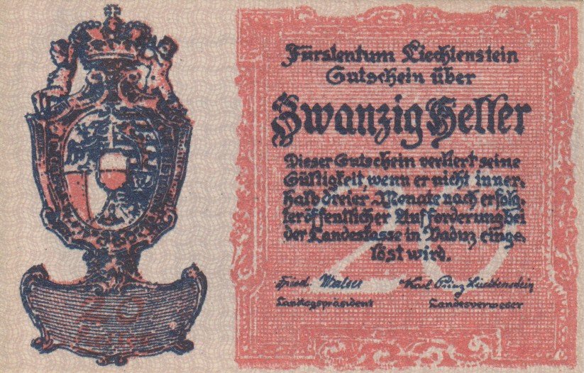 Front of Liechtenstein p2: 20 Heller from 1920