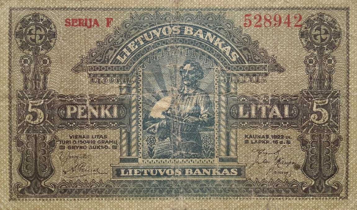 Front of Lithuania p16a: 5 Litai from 1922