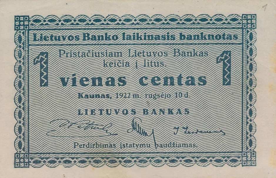 Front of Lithuania p1a: 1 Centa from 1922