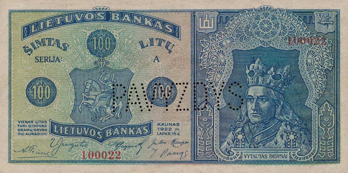 Front of Lithuania p20s1: 100 Litu from 1922