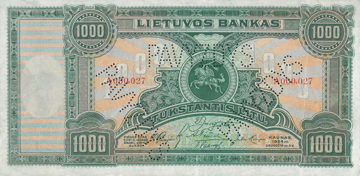 Front of Lithuania p22s1: 1000 Litu from 1924