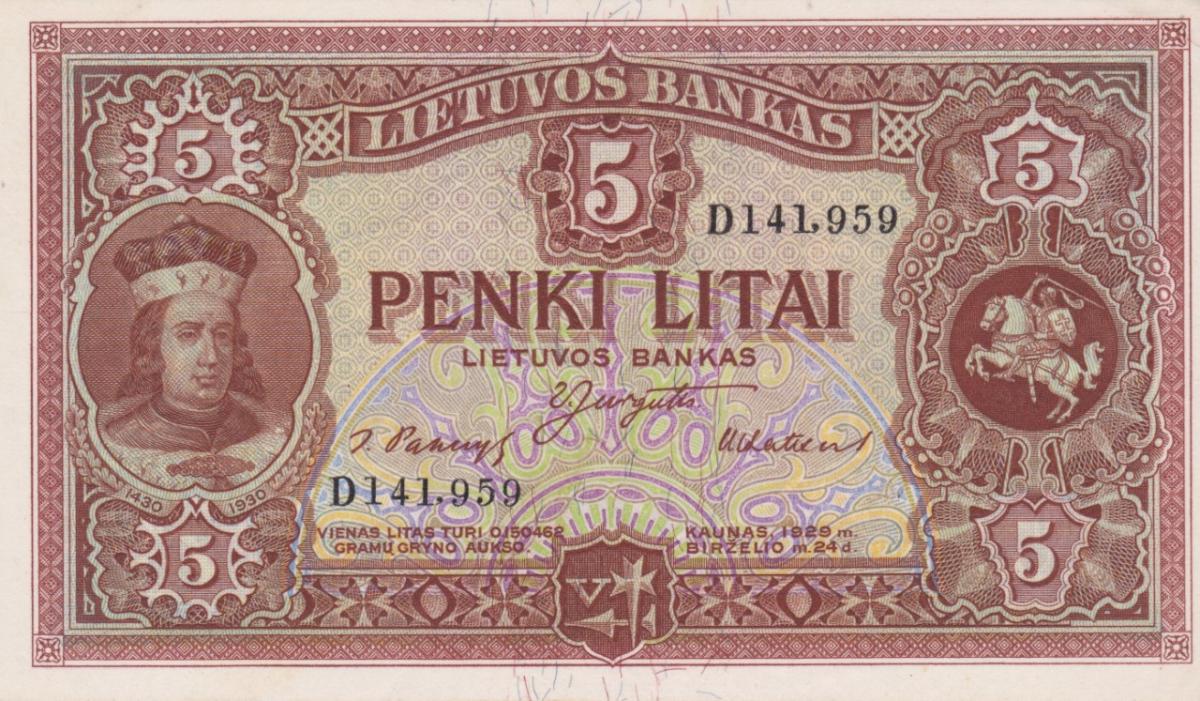 Front of Lithuania p26a: 5 Litai from 1929