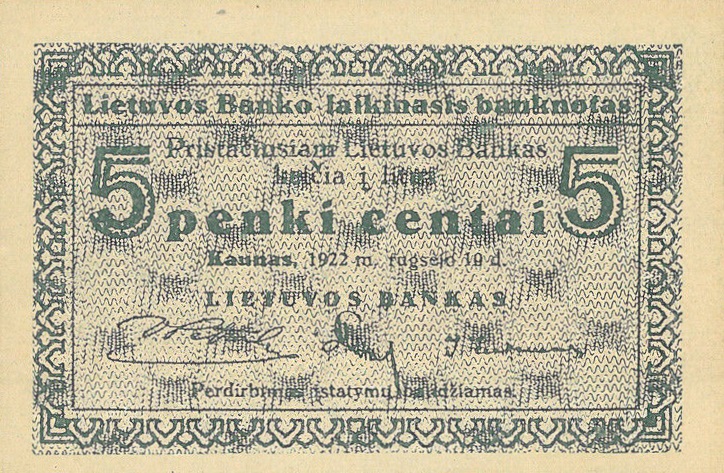 Front of Lithuania p2a: 5 Centai from 1922