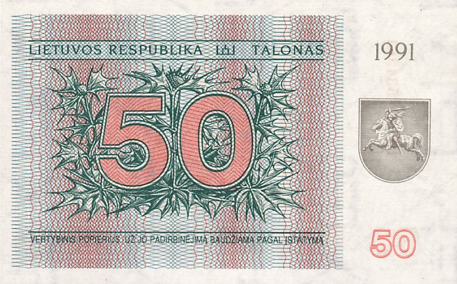 Front of Lithuania p37b: 50 Talonas from 1991