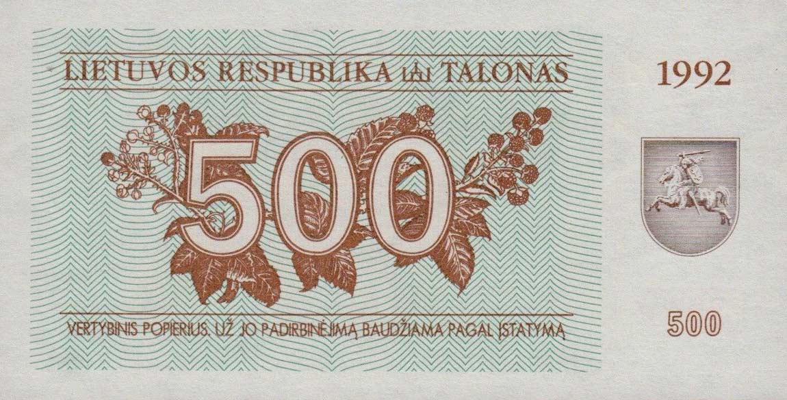 Back of Lithuania p44: 500 Talonas from 1992