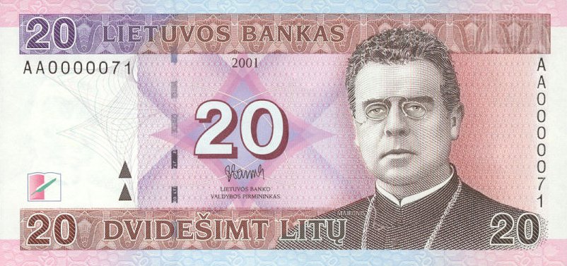Front of Lithuania p66: 20 Litai from 2001
