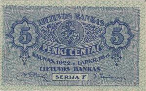 p9a from Lithuania: 5 Centai from 1922