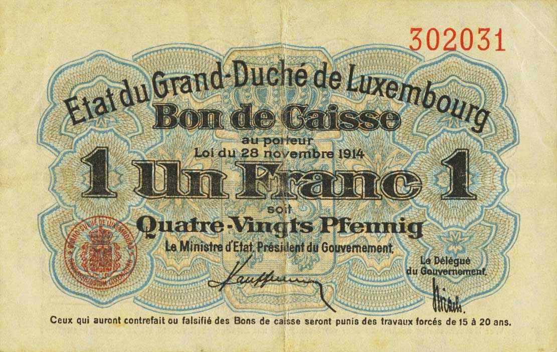 Front of Luxembourg p21: 1 Franken from 1914