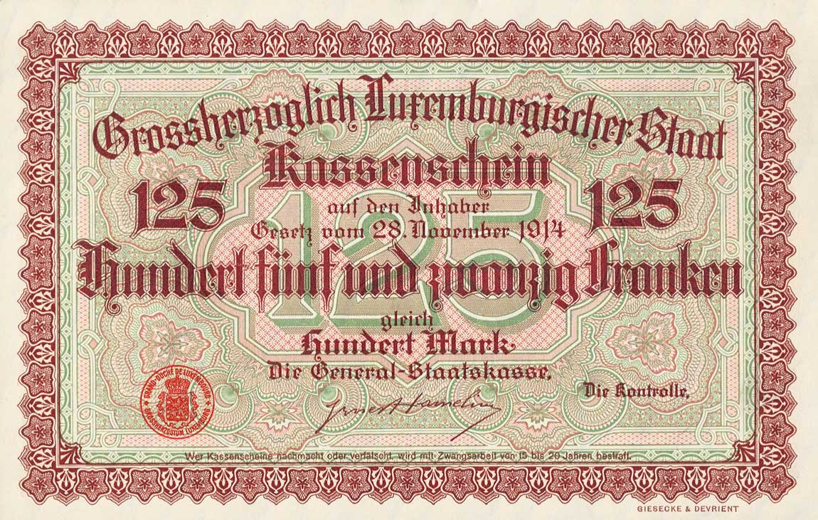 Back of Luxembourg p25r: 125 Franken from 1914