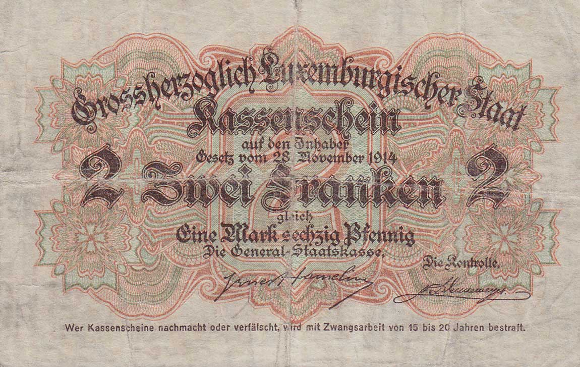 Back of Luxembourg p28: 2 Francs from 1914