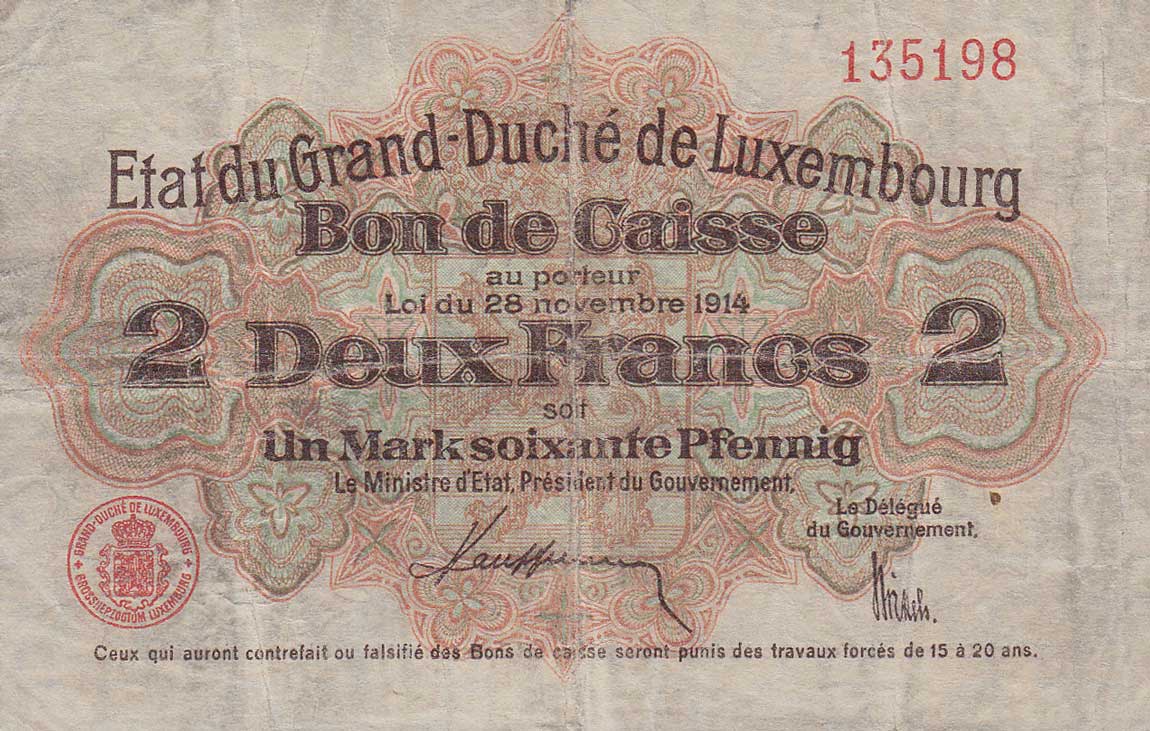 Front of Luxembourg p28: 2 Francs from 1914