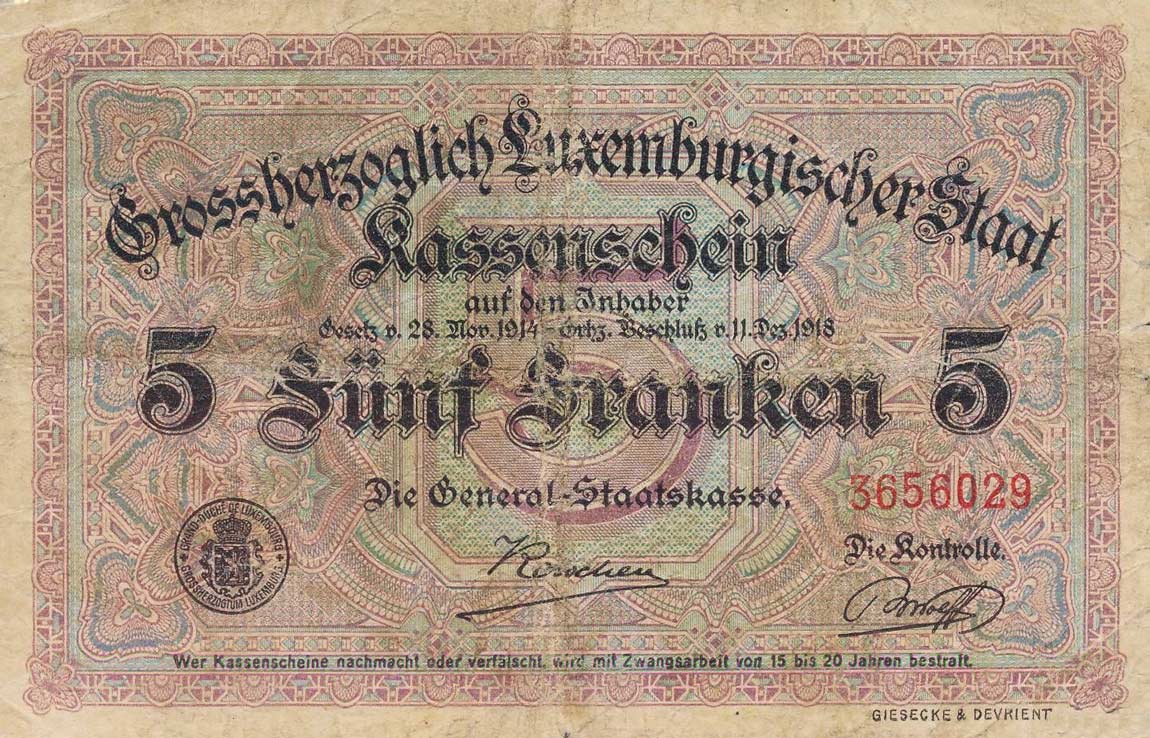 Back of Luxembourg p29b: 5 Francs from 1914