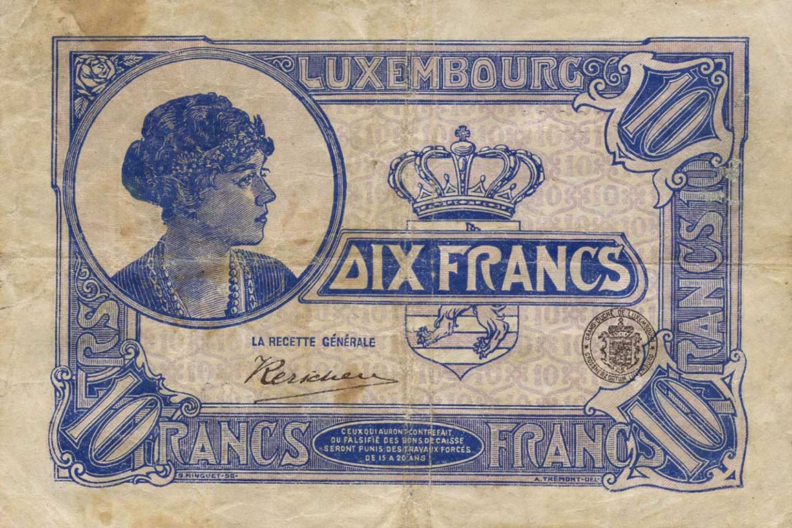 Back of Luxembourg p34: 10 Francs from 1923