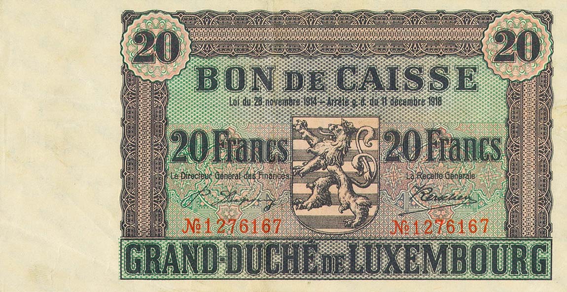 Front of Luxembourg p35: 20 Francs from 1914