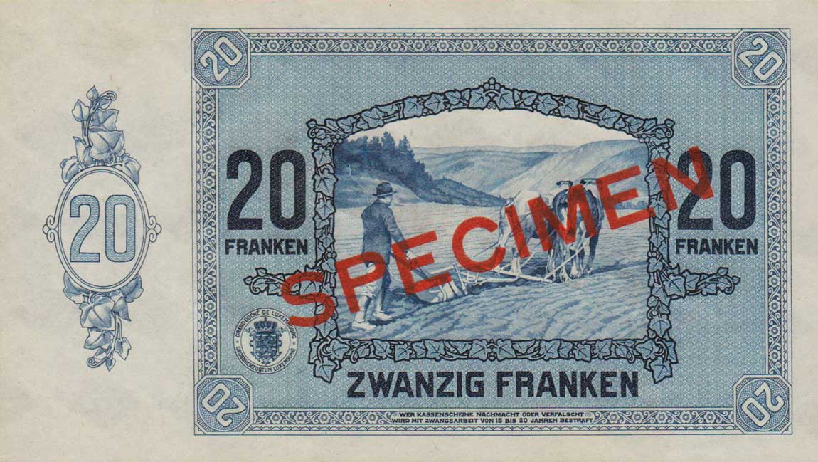 Back of Luxembourg p37s: 20 Francs from 1929