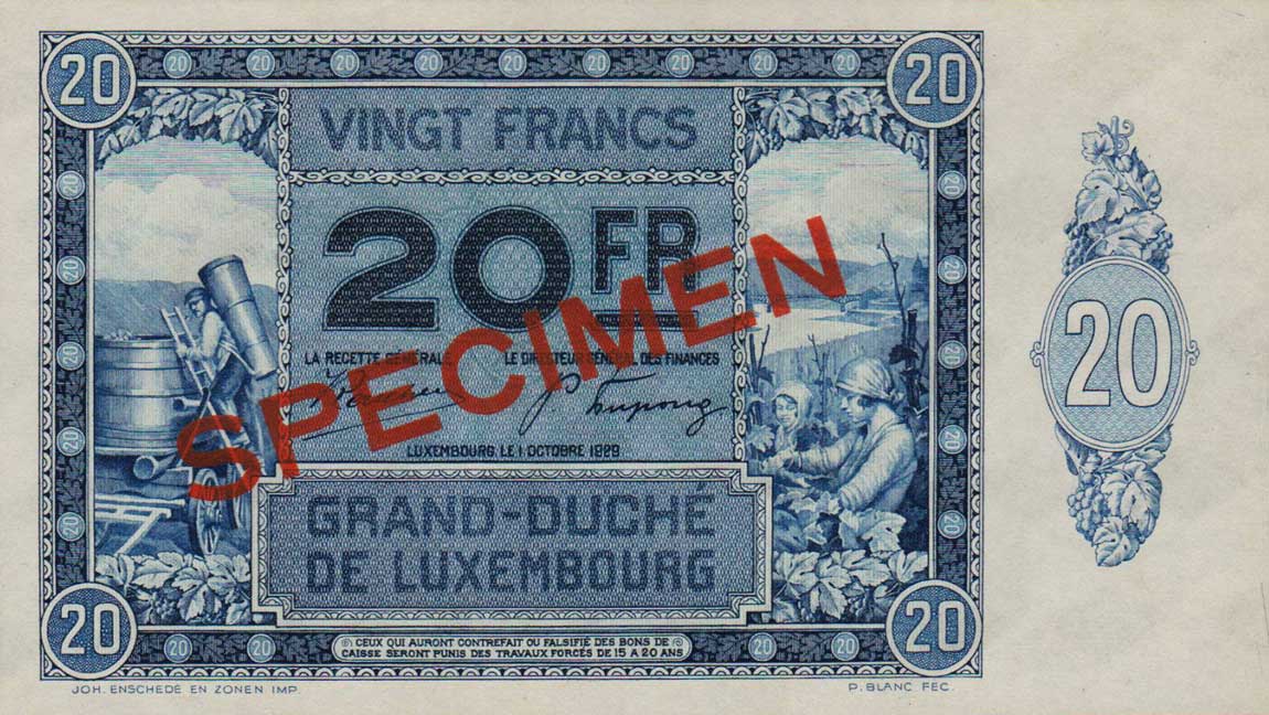 Front of Luxembourg p37s: 20 Francs from 1929
