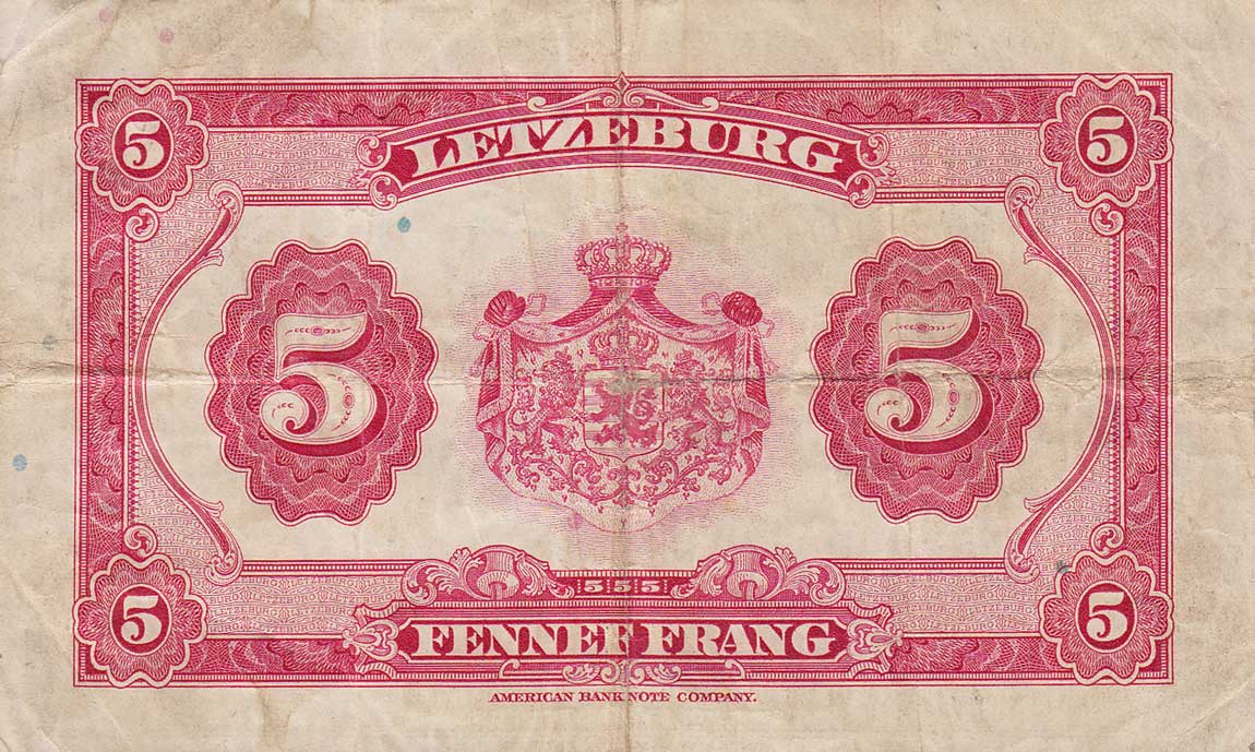 Back of Luxembourg p43a: 5 Francs from 1944