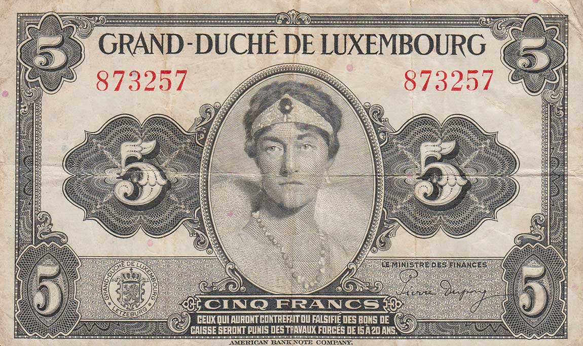 Front of Luxembourg p43a: 5 Francs from 1944