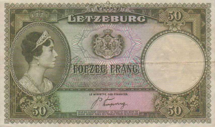 Front of Luxembourg p45a: 50 Francs from 1944
