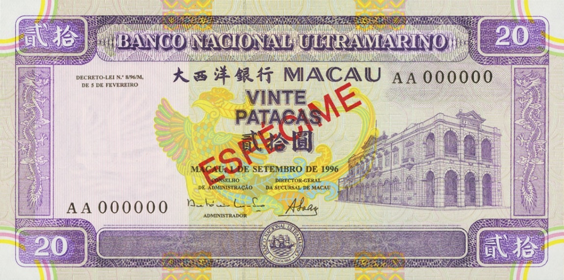 Front of Macau p66s: 20 Patacas from 1996