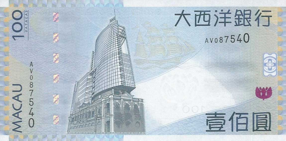 Back of Macau p82c: 100 Patacas from 2013