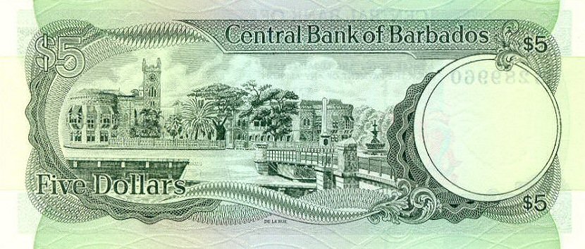 Back of Barbados p32a: 5 Dollars from 1975