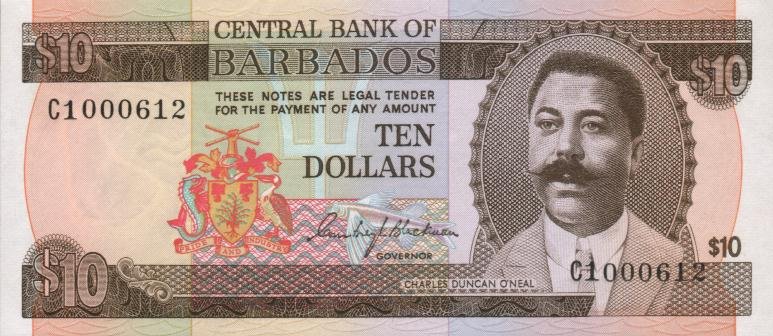 Front of Barbados p33a: 10 Dollars from 1973