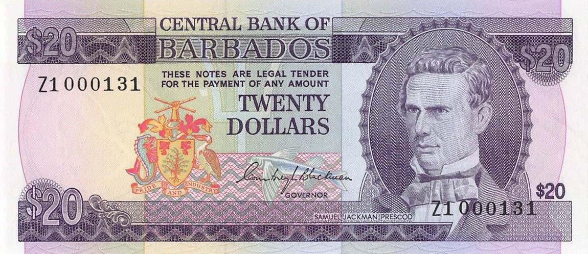 Front of Barbados p34r: 20 Dollars from 1973