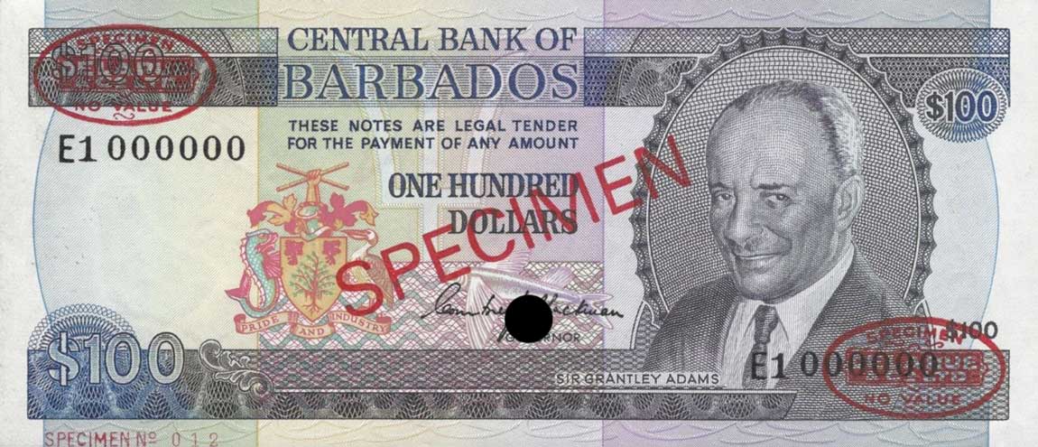 Front of Barbados p35s: 100 Dollars from 1973
