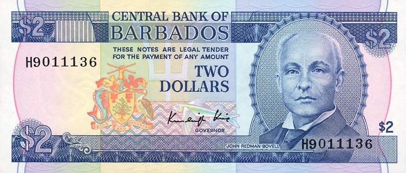 Front of Barbados p36: 2 Dollars from 1986