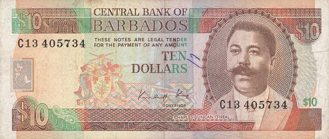 Front of Barbados p38: 10 Dollars from 1986