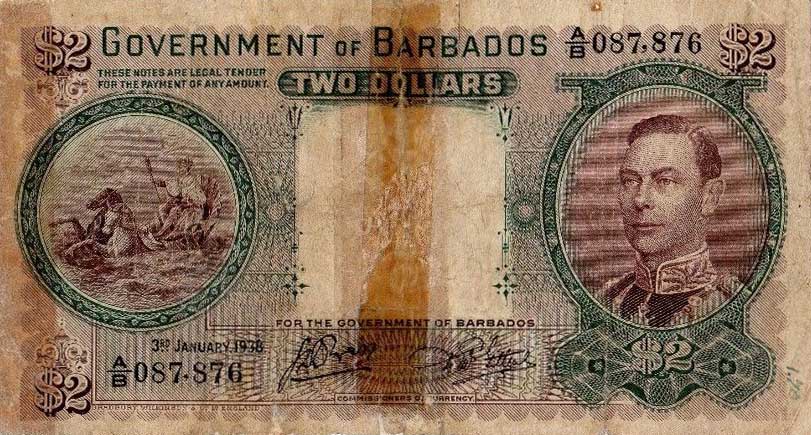 Front of Barbados p3a: 2 Dollars from 1938