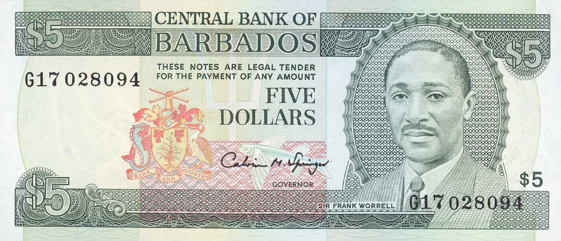 Front of Barbados p43: 5 Dollars from 1993