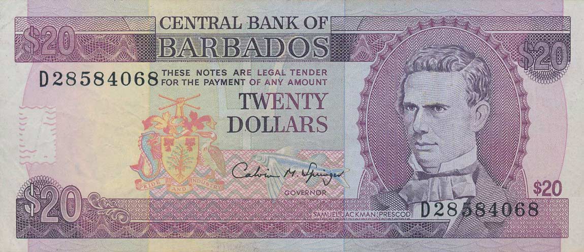 Front of Barbados p44: 20 Dollars from 1993