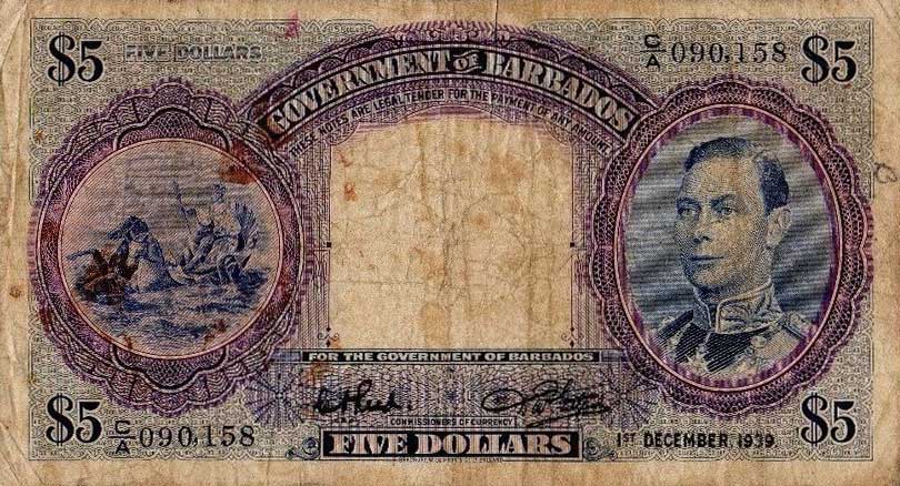 Front of Barbados p4a: 5 Dollars from 1939