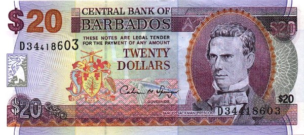 Front of Barbados p50: 20 Dollars from 1997