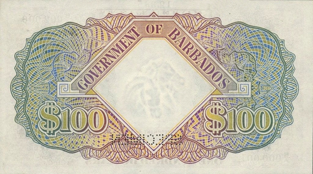 Back of Barbados p6s: 100 Dollars from 1943