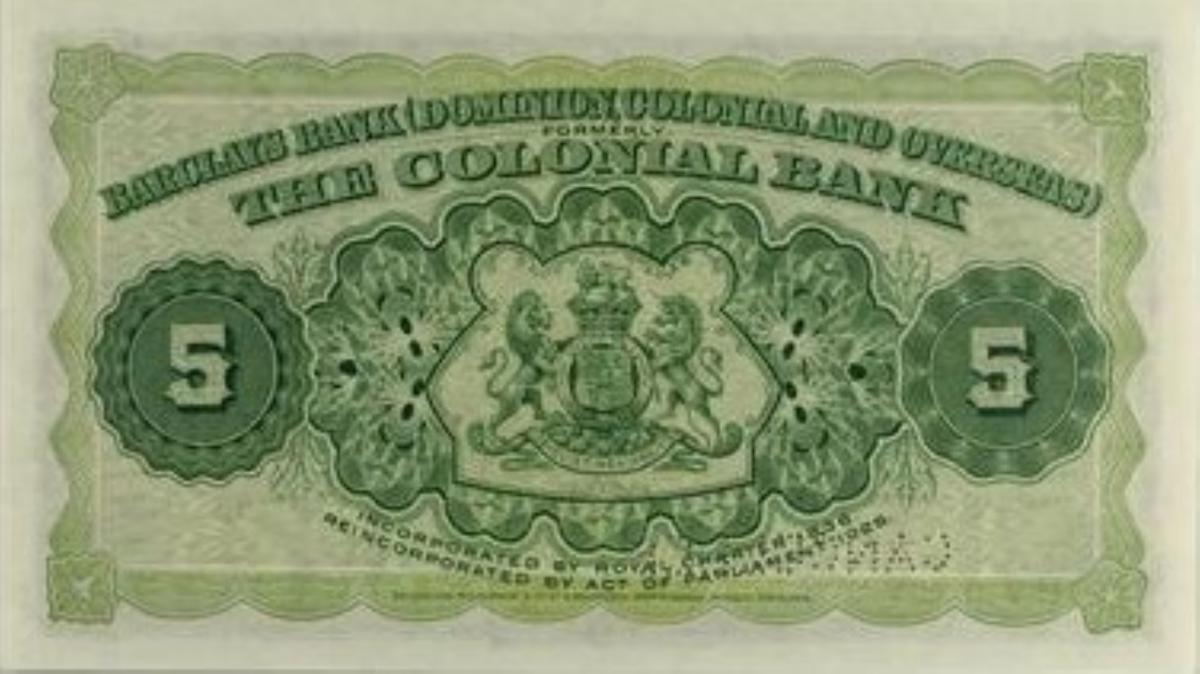 Back of Barbados pS101: 5 Dollars from 1922
