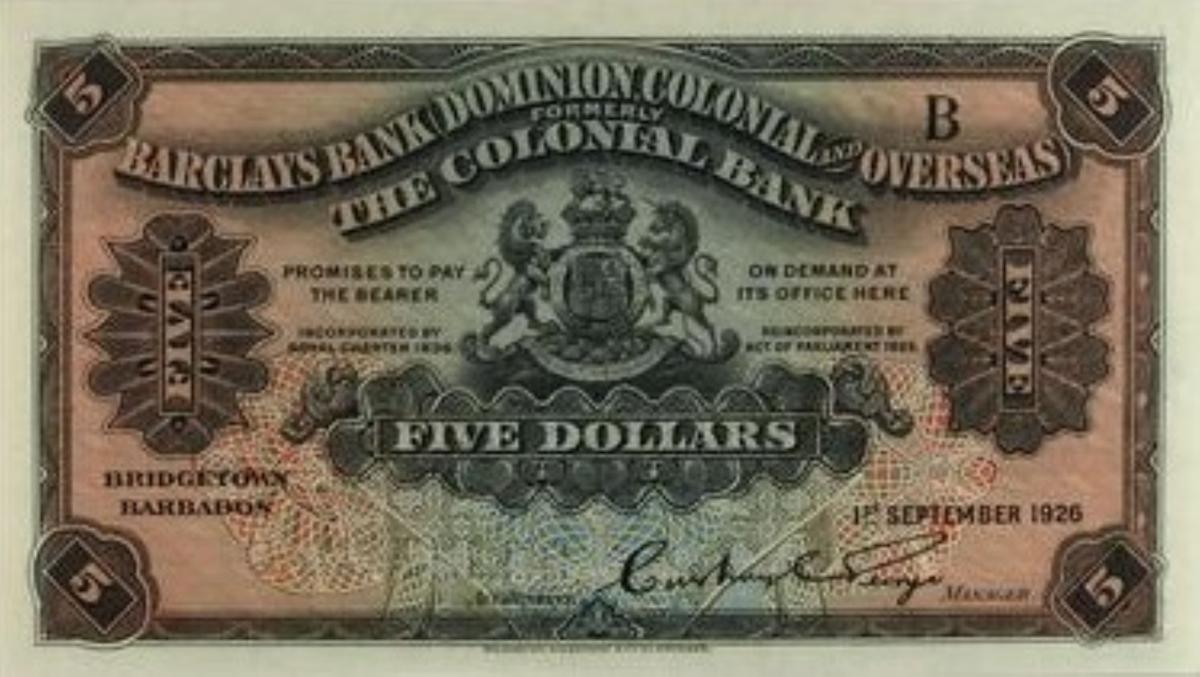 Front of Barbados pS101: 5 Dollars from 1922