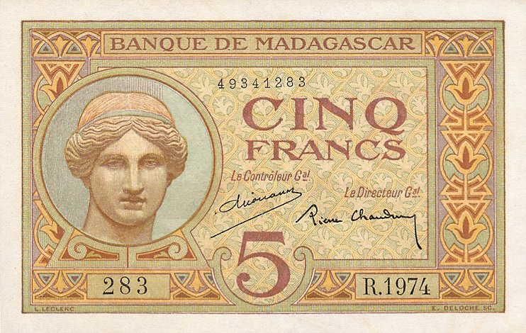 Front of Madagascar p35a: 5 Francs from 1937