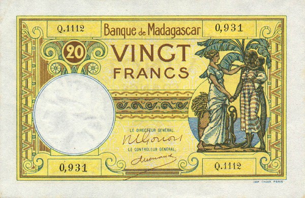 Front of Madagascar p37: 20 Francs from 1937