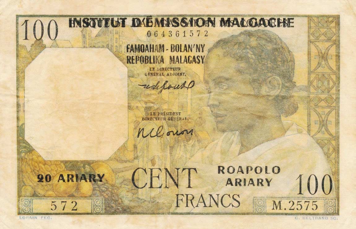 Front of Madagascar p52: 100 Francs from 1961