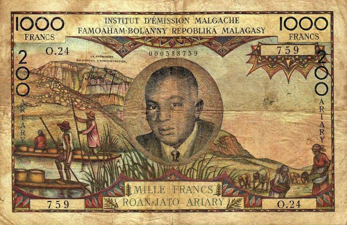 Front of Madagascar p56b: 1000 Francs from 1963