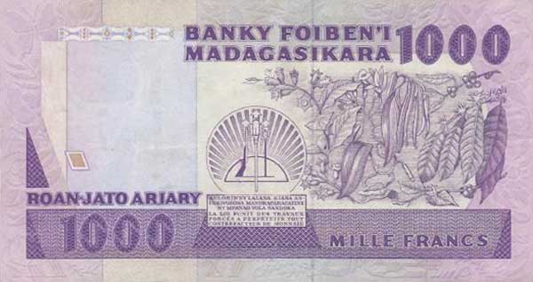 Back of Madagascar p72b: 1000 Francs from 1988