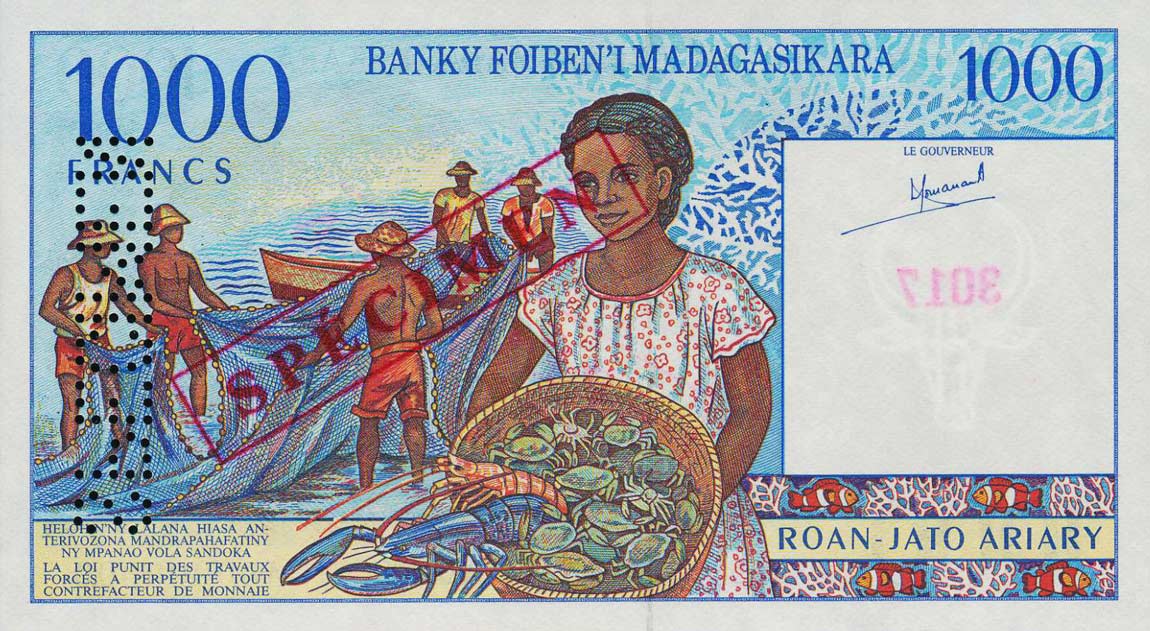 Back of Madagascar p76s: 1000 Francs from 1994