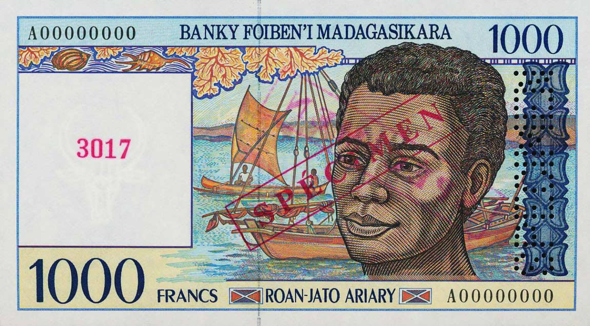Front of Madagascar p76s: 1000 Francs from 1994