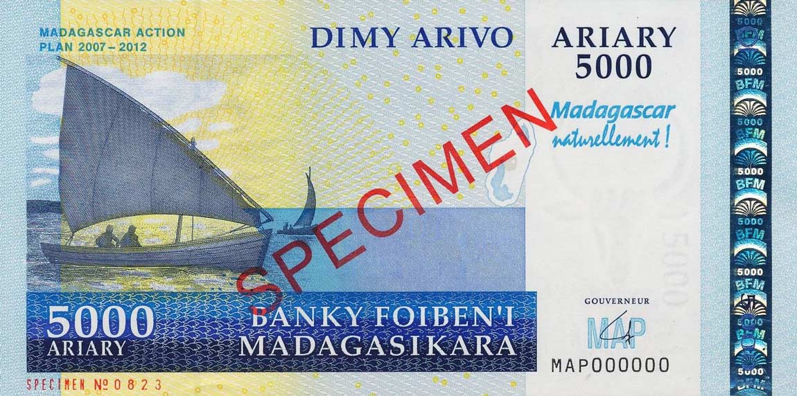 Front of Madagascar p94s: 5000 Ariary from 2008