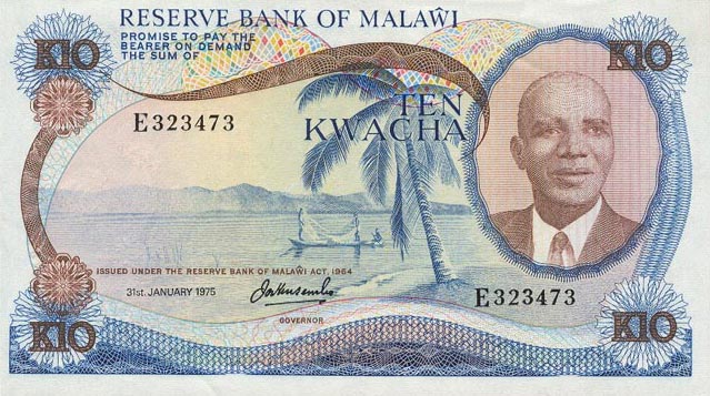 Front of Malawi p12c: 10 Kwacha from 1975